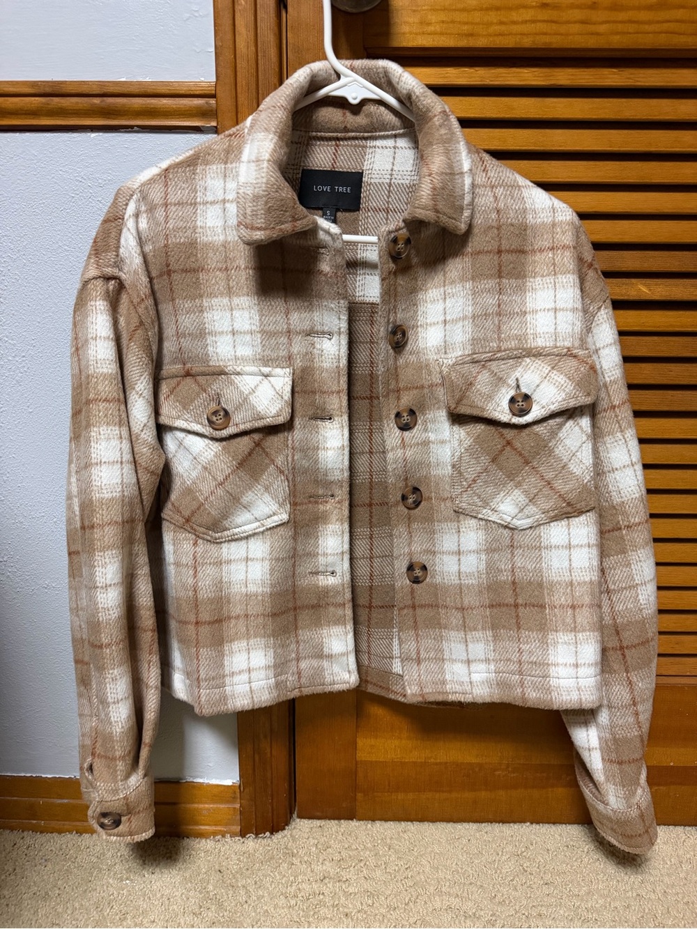 Love Tree Tan & White Plaid Cropped Shirt Jacket